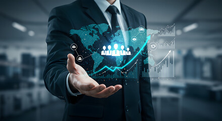Businessman presenting global business team and growth visualized by charts and world map