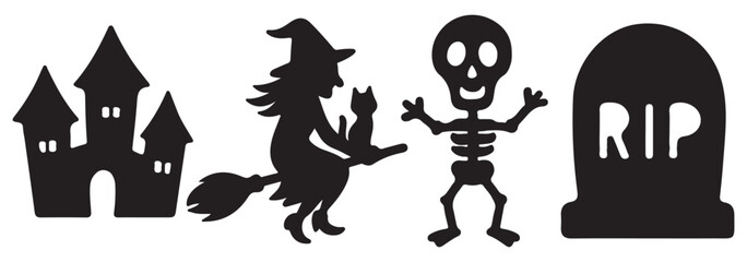 Halloween icons pumpkin witch hat broom ghost skull spider bat haunted house
