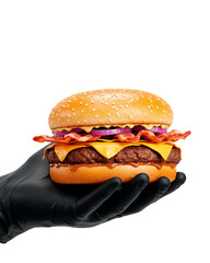 Realistic Cheeseburger with Bacon Held by Hands – Transparent Background PNG