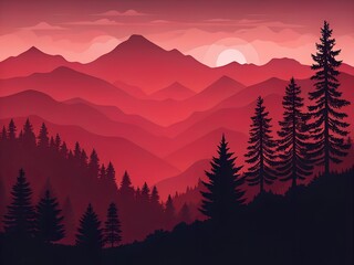 
Dramatic Mountain Sunset Landscape: Deep Red Gradient, Pine Forest Silhouette & Rich Tones