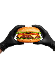 Realistic Cheeseburger with Bacon Held by Hands – Transparent Background PNG