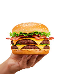 Realistic Cheeseburger with Bacon Held by Hands – Transparent Background PNG