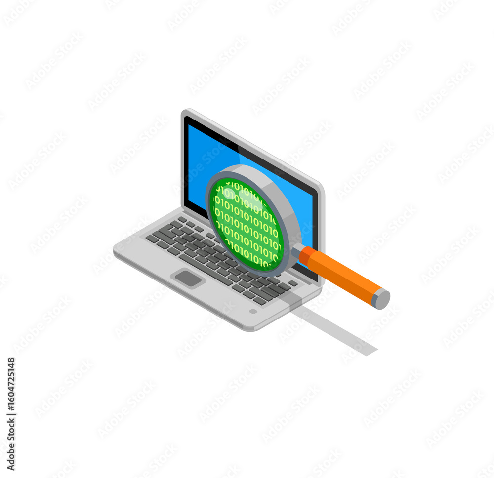 Poster isometric laptop screen magnifying glass binary code data security concept