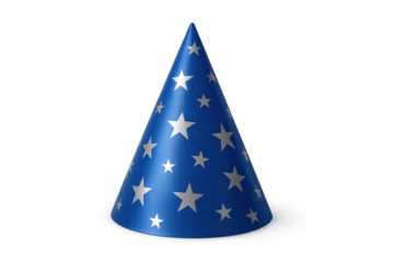 Magical wizard hat adorned with silver stars, floating against transparent backdrop, highlighting festive fantasy themes