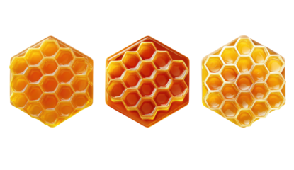Three hexagonal honeycombs, close-up view, showing the intricate cell structure.  The honeycombs are a warm golden-yellow color against a completely black background