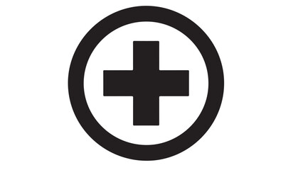 Black plus sign inside a circle, medical symbol on white background, vector illustration