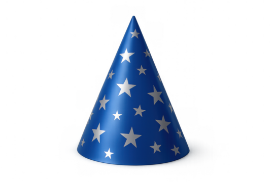 Magical wizard hat adorned with silver stars, floating against transparent backdrop, highlighting festive fantasy themes - Powered by Adobe