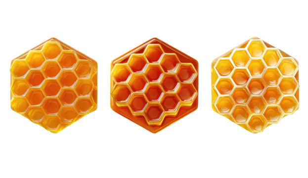 Three hexagonal honeycombs, close-up view, showing the intricate cell structure.  The honeycombs are a warm golden-yellow color against a completely black background