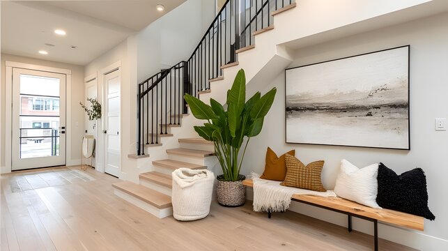 Light-filled hallway with stairs and seating area.