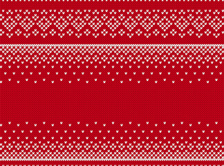 Christmas sweater print. Knitted red and white ornament. Xmas geometric knit border. Holiday seamless pattern. Fair isle traditional texture. Vector.