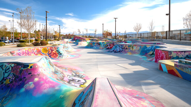 Vibrant graffiti art adorns a modern outdoor skatepark under a bright blue sky - Powered by Adobe