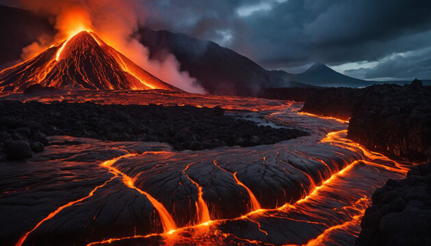  Molten lava flows from a volcano into the ocean at night, glowing orange against dark rock with steam rising.
