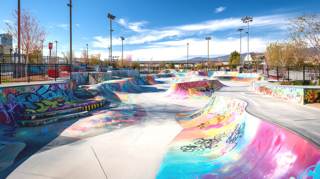 Vibrant abstract graffiti art adorns a modern outdoor skatepark under a bright blue sky