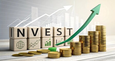  Blocks spelling INVEST with gold coins, green arrow icon, and stock chart printout, representing wealth growth and investment strategies.





