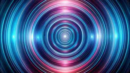 Abstract tunnel of light and sound waves with hypnotic circular patterns and vibrant blue and pink hues