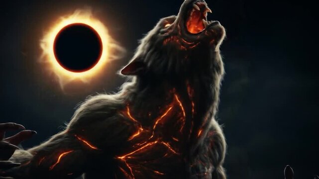 Volcanic Werewolf Howling at Solar Eclipse, Fantasy Horror Creature Transformation Video