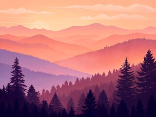 Vibrant Sunset Mountain Gradient: Orange, Pink, Purple Forest Landscape, Peaceful Nature Scene