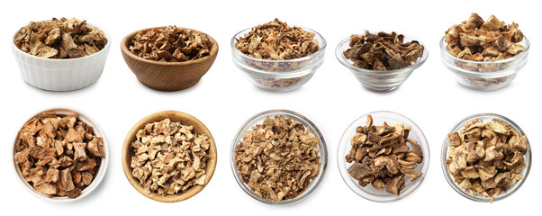 Pieces of dry chicory root in bowls isolated on white, set. Top and side view