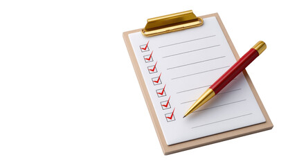Checklist with red pen and gold clip on wooden clipboard, isolated on transparency background with copy space