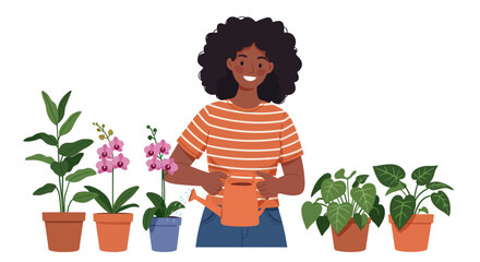 Smiling woman in striped shirt watering potted orchids and leafy plants.