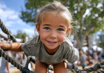 A happy child climbing on an outdoor playground, playing with their friends and smiling while holding onto the net of the jungle gym against a blue sky background