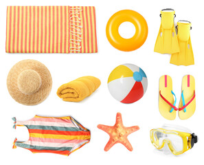 Different beach accessories isolated on white, set