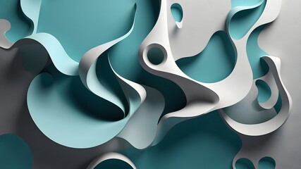 Elegant Abstract White and Teal Paper Sculpture with Soft Shadows, Creating a Dynamic and Organic Flow