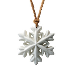 White snowflake pendant with natural fiber rope necklace, winter holiday decoration with textured surface and knotted loop