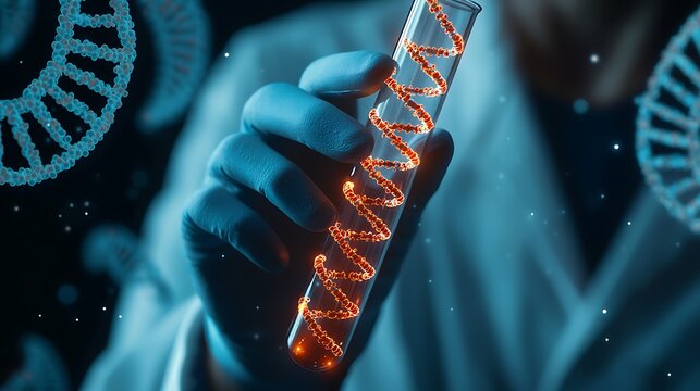A gloved hand holds a test tube with a glowing DNA strand, highlighting genetic research and biotechnology in a laboratory setting.