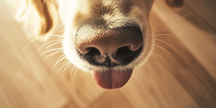 Dog's nose and tongue up close in macro image. Shallow depth of field. The dog is blonde in color and has very tiny whiskers. - Powered by Adobe
