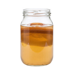 Glass jar of homemade kombucha with a SCOBY
