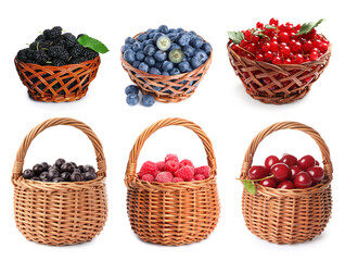 Different fresh berries in wicker baskets isolated on white, set