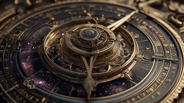 Celestial compass with intricate brass mechanisms and glowing details, featuring complex design of rings and pointers over starry background, evoking mystery and precision