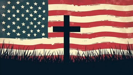 Stylized American Flag with Cross and Grass Silhouette Animation - Powered by Adobe