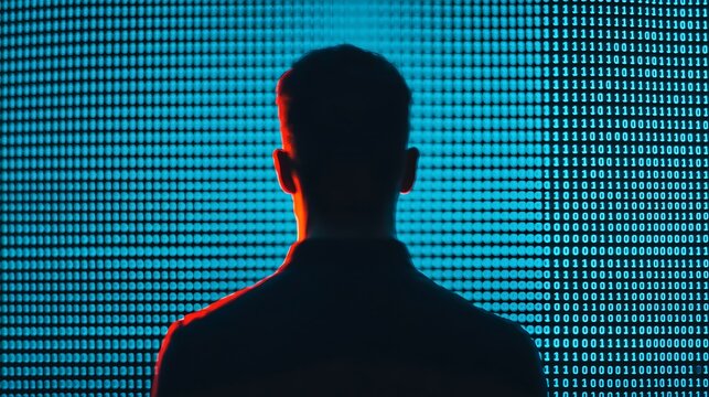 A person"s silhouette faces a large screen filled with blue binary code, symbolizing data analysis, hacking, or cybersecurity themes. - Powered by Adobe