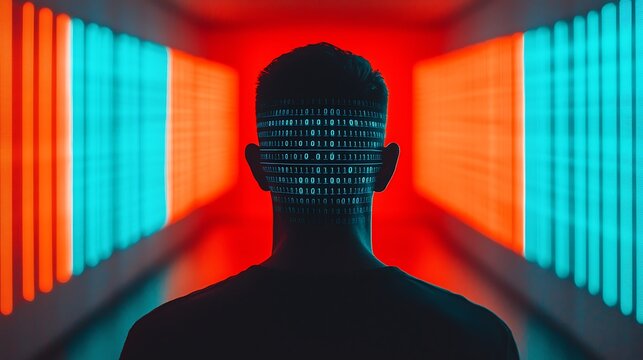 A silhouette of a person facing a bright, futuristic corridor with binary code projected on their head against an intense red and blue light background.