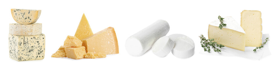 Different types of cheese isolated on white, set