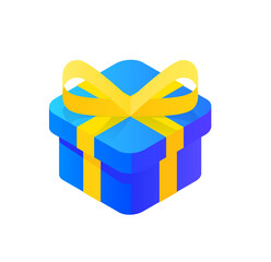 Isometric Blue Gift Box with Yellow Bow; Modern, Festive Design