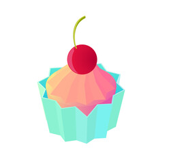 Low-poly pastel cupcake illustration; cheerful, summery, sweet treat, digital art, vibrant colors, dessert graphic.