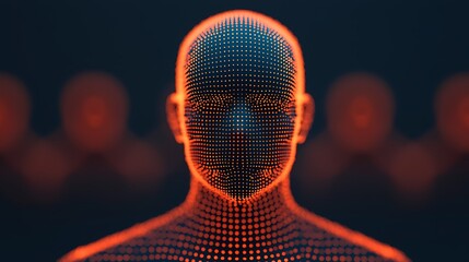 A digital, futuristic human head composed of glowing dots and lines, highlighting artificial intelligence and data visualization concepts.