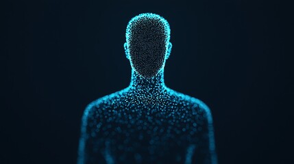 Digital human figure composed of glowing blue dots on a dark background, representing technology, data, and artificial intelligence.