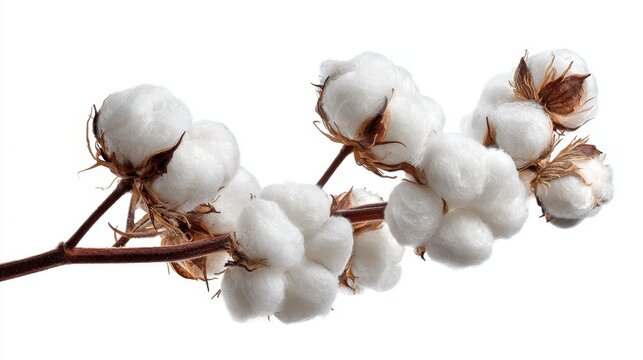 A close-up image of a cotton plant branch with fluffy white cotton bolls against a white background.