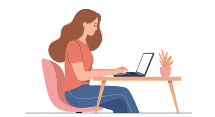 Woman with flowing brown hair working on a laptop at a desk with a plant.