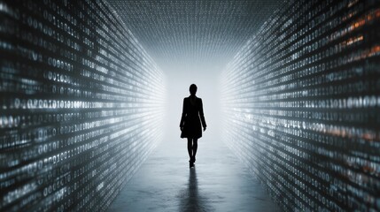 Silhouette of a person walking through a corridor filled with binary code, symbolizing digital transformation and data immersion.