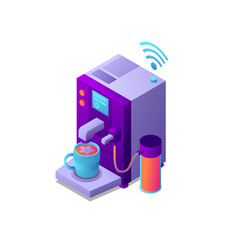 Isometric Illustration: Smart Coffee Machine Brewing Colorful Drink, Wireless Technology