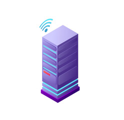 Isometric Wireless Server Rack: Futuristic, Vibrant Purple and Teal Design, Modern Technology Concept