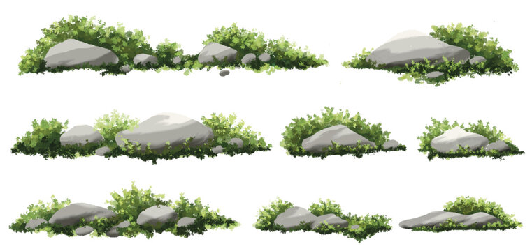  Vector watercolor green  tree with rock or forest side view isolated on white background for landscape and architecture drawing,elements for environment or and garden,Shrub for section 