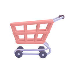 Pink 3D Rendered Shopping Cart Icon;  E-commerce, Online Retail,  Modern Style,  Minimalist Design, Isolated on Black.