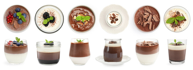 Sweet panna cotta desserts isolated on white, set. Top and side view