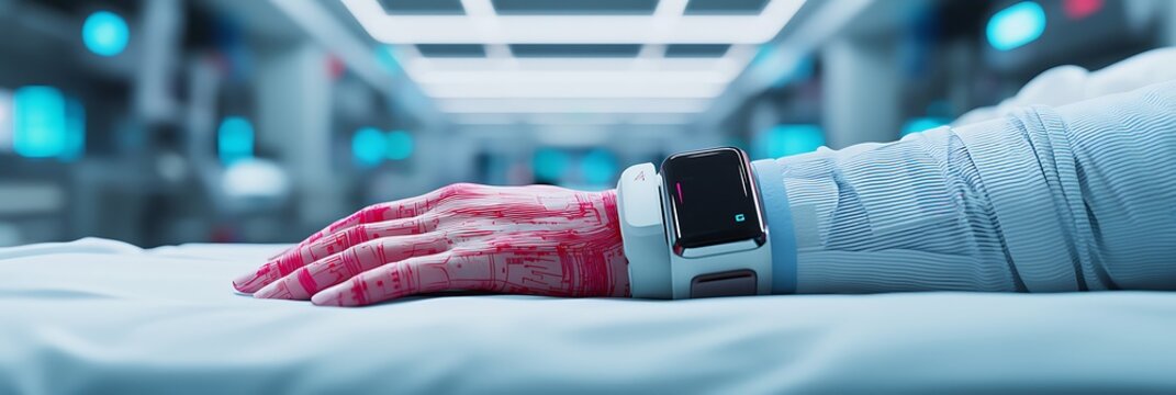 A person"s hand with visible veins shown through augmented reality, wearing a smartwatch, lying on a hospital bed in a futuristic medical setting.